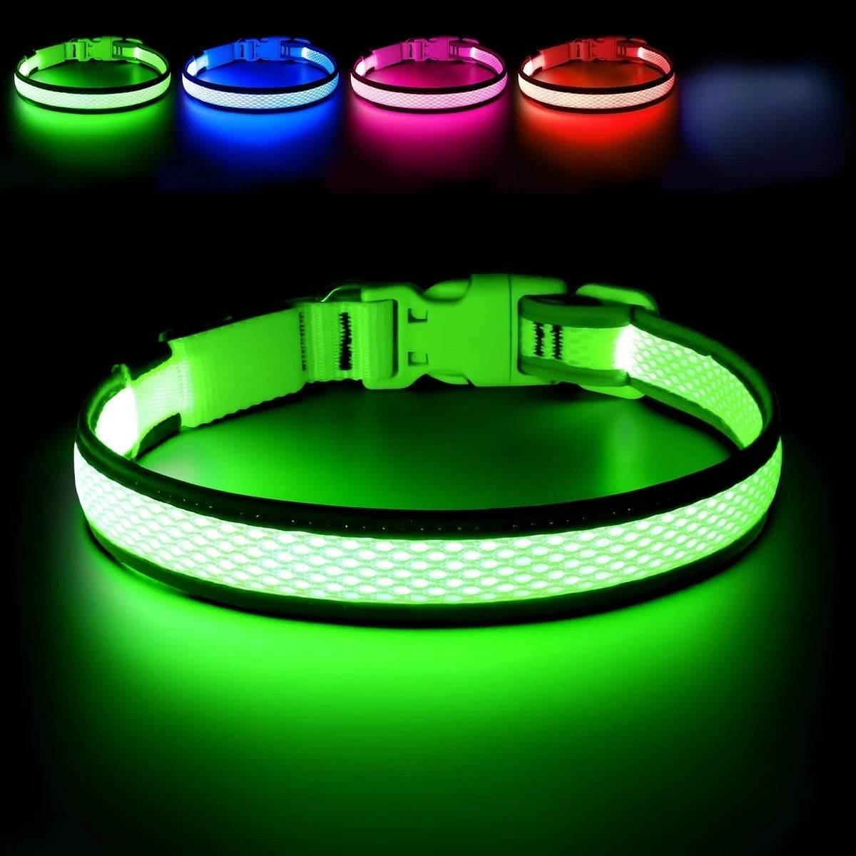 PawCool USB LED Dog Collar Lights, adjustable, comfortable, soft mesh, colorful lights for nighttime visibility. Green.